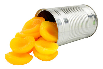 Tinned peach fruit halves with opened metal tin isolated on a white background