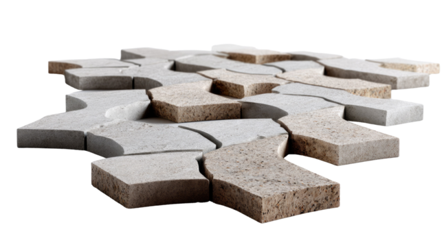 Stone Tiles: A striking display of precisely cut stone tiles artfully arranged to create a unique, multi-dimensional texture, perfect for adding sophistication to architectural designs. 