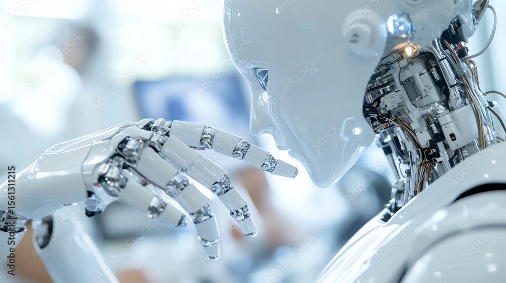 Poster A futuristic humanoid robot with intricate mechanical hands, symbolizing the advance of artificial intelligence and robotics.