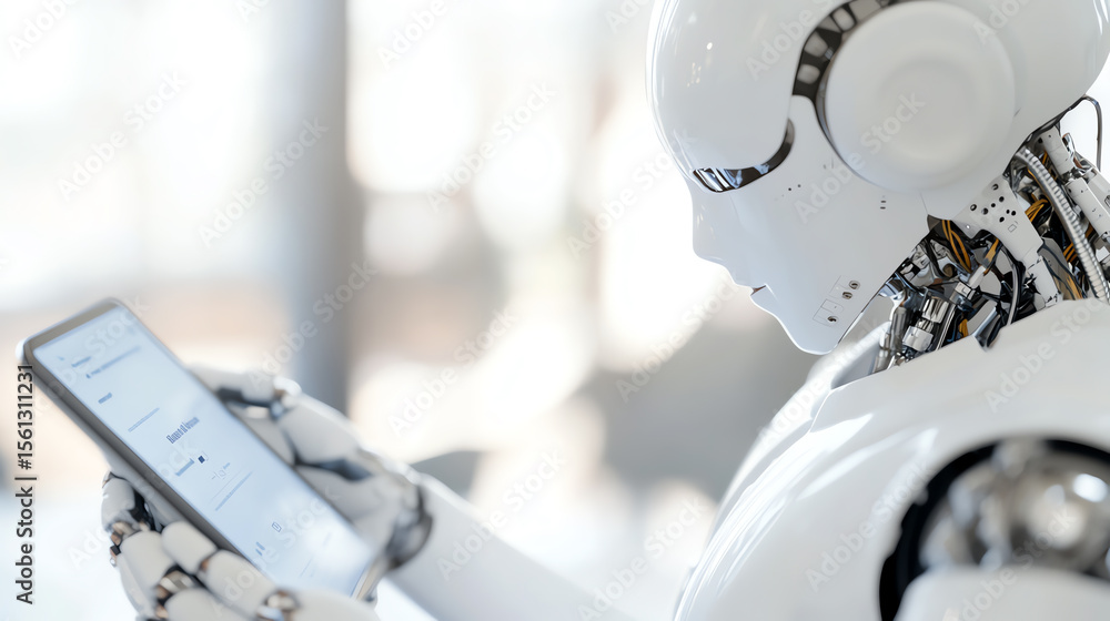 Poster A futuristic robot interacting with a mobile device, showcasing advancements in artificial intelligence and technology.