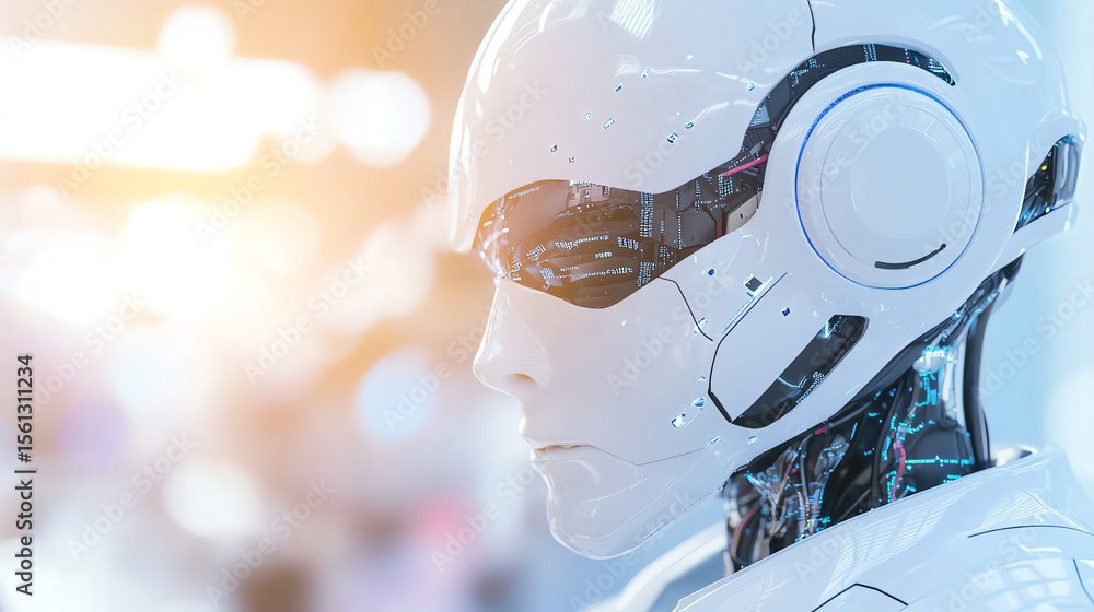 Poster A futuristic robot head with advanced features, showcasing sleek design and complex circuitry for human-like interaction.