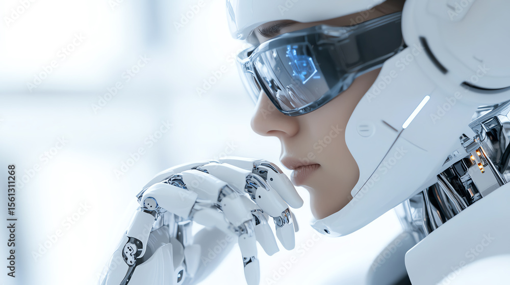 Poster A futuristic robotic figure deep in thought, showcasing advanced technology and innovation in artificial intelligence.