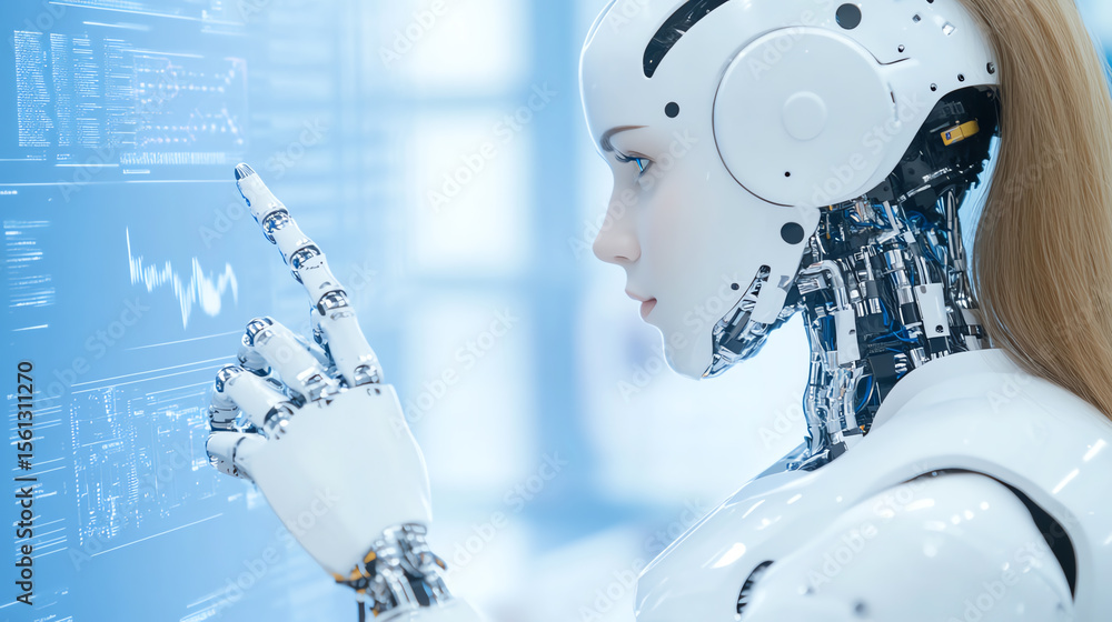 Leinwandbilder A futuristic robot interacts with data on a screen, showcasing advancements in artificial intelligence and robotics.