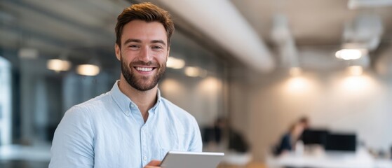 The smiling man holding a tablet in a modern office setting.