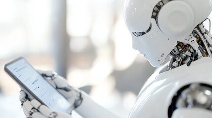 A futuristic robot interacting with a mobile device, showcasing advancements in artificial intelligence and technology.