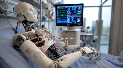 A futuristic robot patient in a hospital setting, showcasing advanced healthcare technology and robotics in medicine.