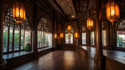 Fototapeta premium Ornate Lanterns Glowing in Richly Decorated Interior – Elegant Space with Intricate Carved Walls, Arched Windows, Warm Lighting, and Timeless Architectural Detail