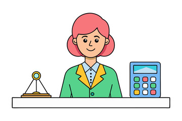 Friendly cartoon woman with pink hair wearing a green jacket stands behind a desk with a calculator and a scale