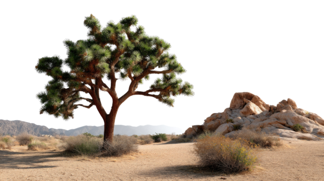 Joshua Tree and Rocky Landscape: a lone Joshua tree stands tall against a backdrop of arid land and towering rock formations.