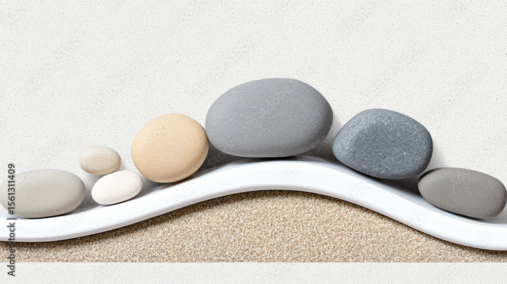 Poster a minimalist display of smooth stones arranged on a soft, wavy surface, showcasing natural colors an