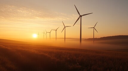 Serene sunrise over a misty field with a row of wind turbines generating clean energy