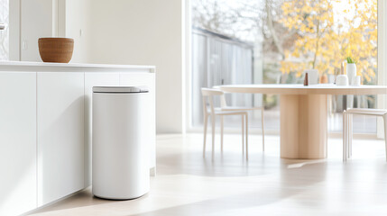A modern kitchen scene showcasing minimalistic design with a sleek trash bin and a cozy dining area illuminated by natural light.
