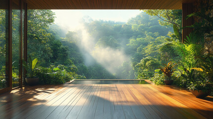 Fototapeta premium tropical morning mist over rainforest seen from wooden balcony, dense greenery and fog layers, peaceful nature background