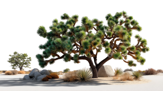Desert Tree Scene: Witness the rugged beauty of a majestic Joshua tree, its unique form standing strong amidst an arid landscape, epitomizing resilience and the spirit of the desert.