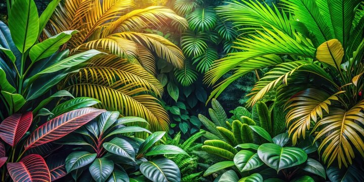 Dense foliage of tropical tree leaves and branch in foreground with intricate textures and vibrant colors