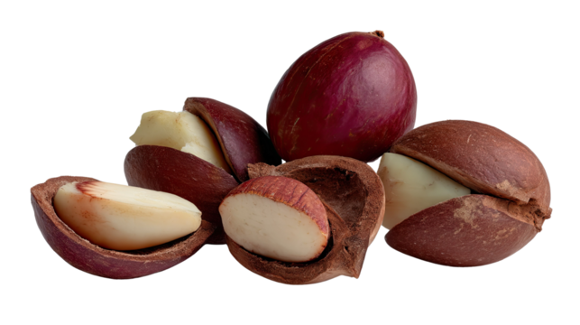 Raw Nut Close-Up: Close-up view of several fresh nuts, showing their natural shell and inner nut. Ideal for nutrition, food, and health-related projects.