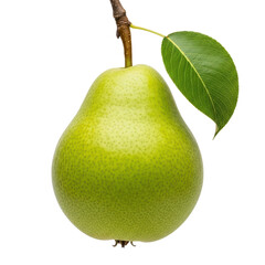 A single fresh green pear with its stem and a vibrant leaf attached, perfect for healthy food concepts, recipes, or grocery promotions.