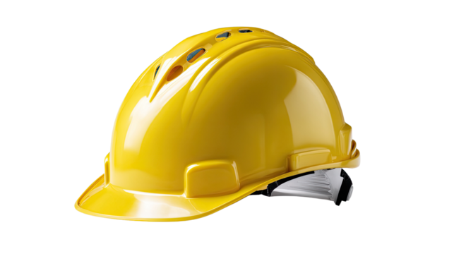 Yellow Hard Hat: A vibrant yellow hard hat, symbolizing safety and construction, is presented in a studio shot, showcasing its protective design.
