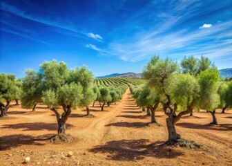 Fototapeta premium Olive trees in Andalusian countryside under clear blue sky