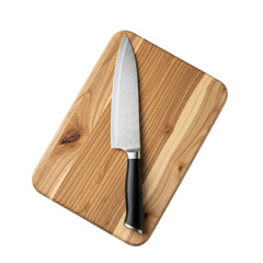 A sharp chef knife with a distinctive textured blade and black handle lies diagonally on a natural wood cutting board, ready for kitchen tasks.