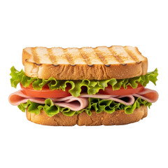A fresh and appetizing toasted sandwich filled with savory ham, crisp lettuce, and juicy tomato slices, perfect for a quick meal or snack.