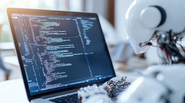 A robot coding on a laptop, showcasing advanced programming in a modern tech environment.