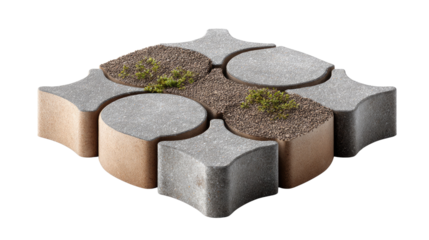 Artistic Paving Stone with Integrated Garden: A unique arrangement of interlocking paving stones, each a different shape and texture, integrates small patches of earth for planting, creating a modern.