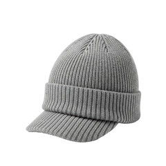 Warm grey ribbed knit beanie cap featuring a short visor, ideal for winter outdoor activities and everyday wear.