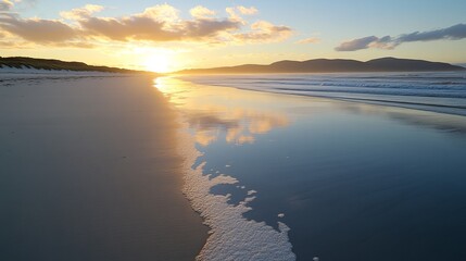 Serene sunset over a pristine beach, reflecting the sky and clouds in calm waters.  White sand meets the ocean's edge, creating a tranquil scene