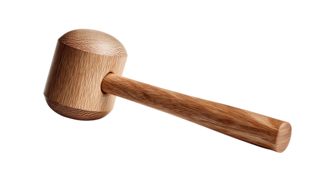 Wooden Mallet: A close-up studio shot of a simple, elegant wooden mallet, showcasing its smooth, light brown surface and natural grain.  Perfect for DIY projects, crafts, or culinary uses.