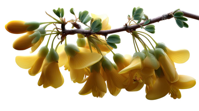 Golden Flowers on Branch: A vibrant close-up captures the delicate beauty of golden flowers blooming on a slender branch against soft natural light, evoking feelings of peace and wonder.