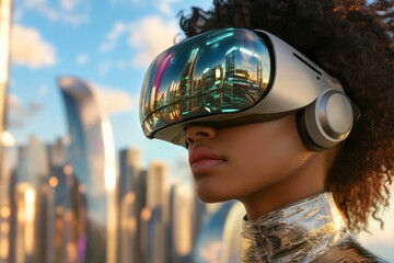 Woman wearing futuristic VR headset in a vibrant cityscape setting, immersing herself in virtual reality experiences.