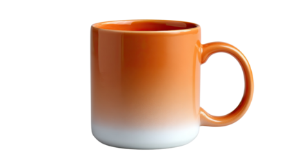 Orange Mug: A simple yet elegant orange mug, its gradient finish fading from a warm orange to a crisp white, captured in a close-up studio shot, embodies the fusion of form and function. 