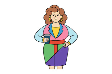 A cheerful cartoon woman with curly brown hair and large hoop earrings holds a coffee cup while wearing a colorful modern outfit