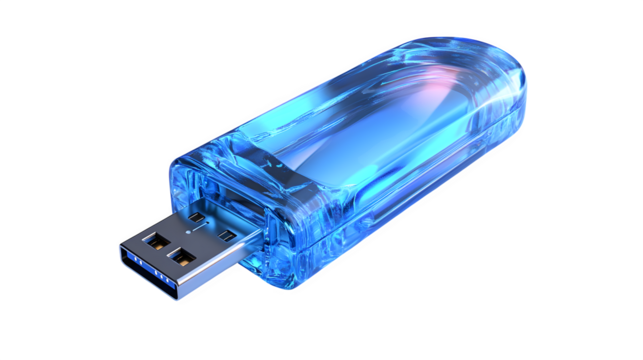 Hyperrealistic shot of a modern USB flash drive (specify color/material if desired, e.g., metallic blue). Sharp focus on connector and casing. Neutral studio lighting, balanced exposure,