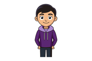 Illustration of a Smiling Boy in a Hoodie: A cheerful young boy with dark hair and dressed in a purple hoodie and black pants, stands smiling confidently, radiating positivity and innocence.