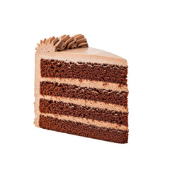 A rich slice of chocolate layer cake with creamy light brown frosting between each delicious layer and a decorative swirl on top, perfect for dessert concepts.