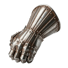 A detailed view of an antique medieval knight gauntlet, crafted from metal plates, forming a clenched fist. Ideal for historical, fantasy, or gaming themes.