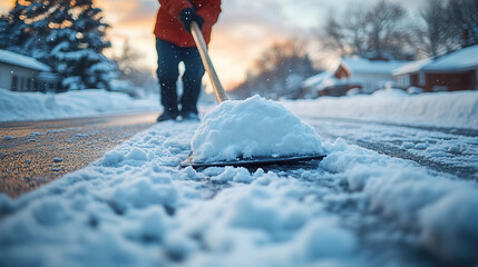 public service worker shoveling snow in urban winter environment 