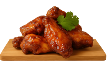 Delicious glazed chicken wings stacked on a wooden board with a fresh cilantro garnish. 🍗✨ Perfect for menus, food blogs, or promo ads that crave mouthwatering visual appeal!
