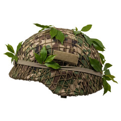 A military camouflage helmet with a netting cover and green leaves, designed for tactical concealment. Ideal for themes of defense, army, and combat.