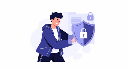 Young man holding security shield with padlock protecting digital file.