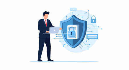 Businessman with Laptop Securing Data Behind a Shield with Padlock.
