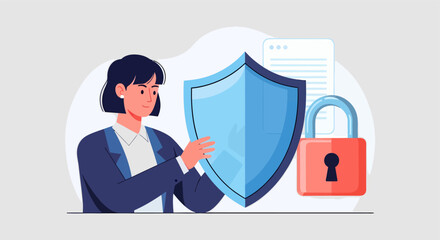 Businesswoman holding a blue shield with a red padlock for data protection.