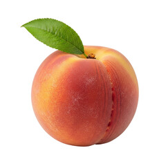 A single fresh ripe peach with a green leaf, showcasing its vibrant colors and fuzzy skin, ideal for healthy food concepts.