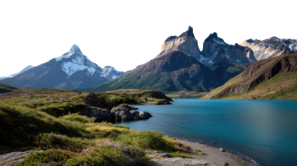 Majestic Mountain Vista: A breathtaking landscape unfolds, featuring towering mountain peaks reflecting in a serene, turquoise lake under a clear sky.