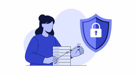Faceless woman analyzing data with security shield symbolizing data protection.