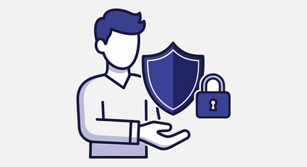 Faceless Person Presenting Security Shield and Padlock in a Flat Design.