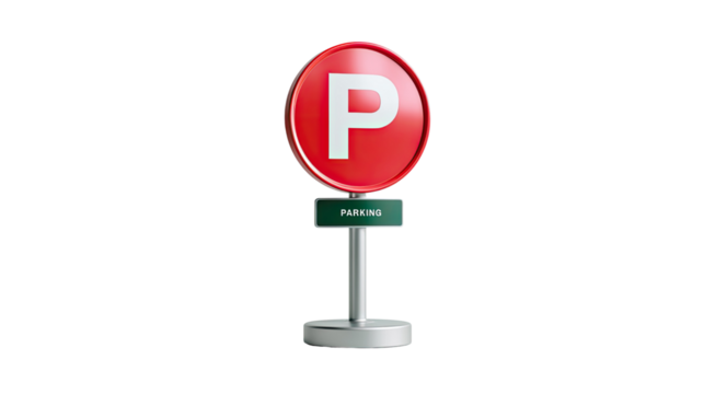 Parking Sign on Stand: A photorealistic image features a bright red parking sign bearing the white letter "P," indicating a designated parking area and guiding drivers toward available spaces.