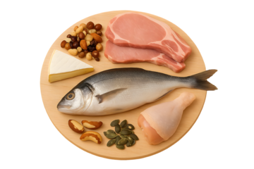 Assorted protein-rich foods including fish, chicken, pork, cheese, nuts, and seeds on a wooden plate—ideal for health, diet, or culinary designs. 🍽️ Power up your projects with nutrition!
